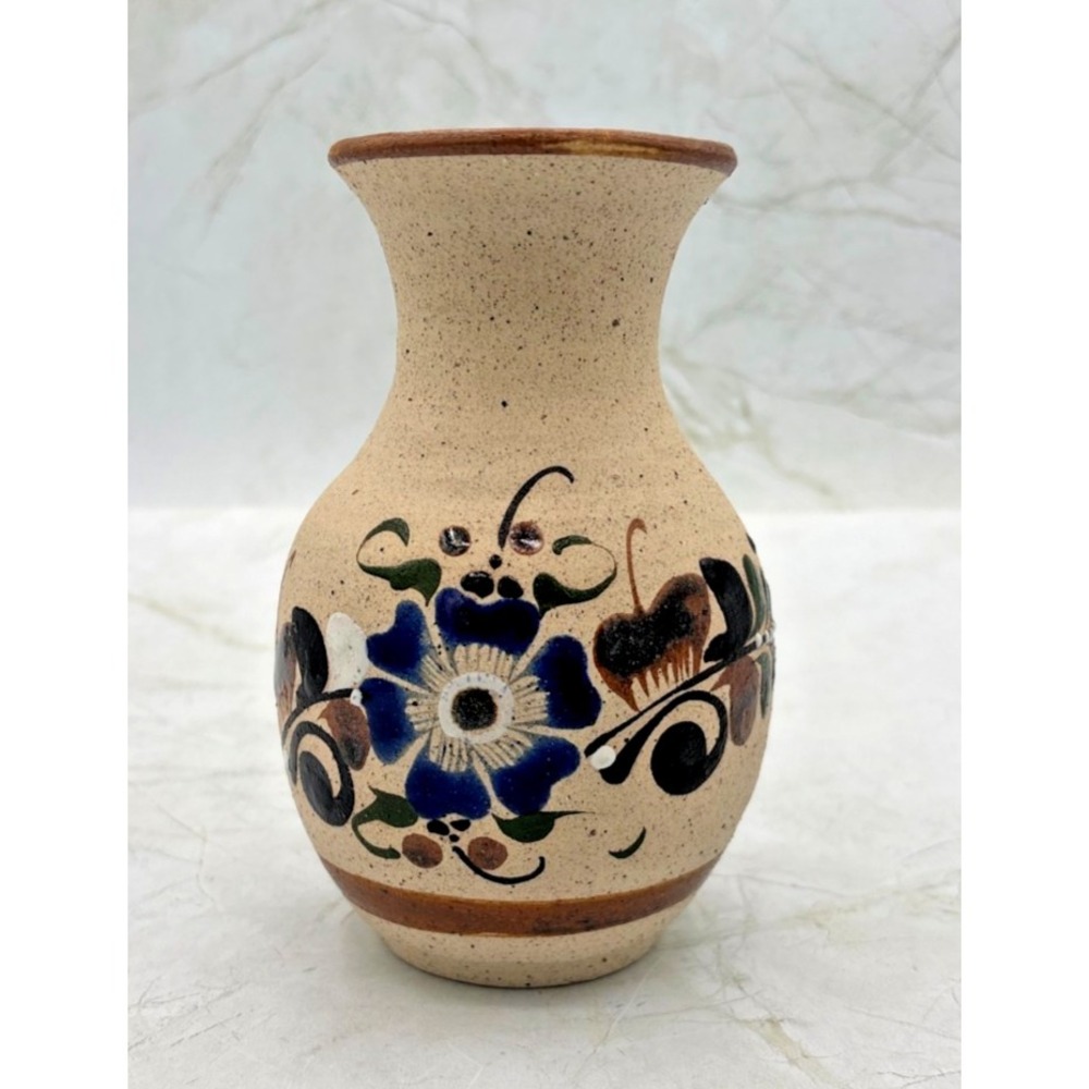 Tonala‎ Hand-Painted Sandstone Pottery Vase 6" Mexican Folk Art Floral Signed